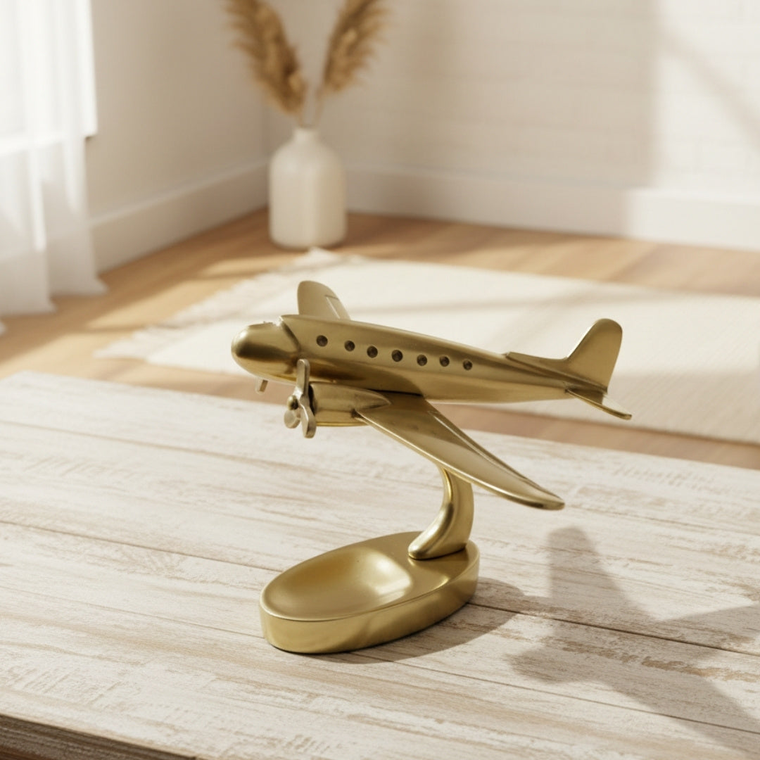 Modelo grande de avión metálico bimotor con opción de personalización con grabado, dorado, 19,5 x 16,5 x 29 cm