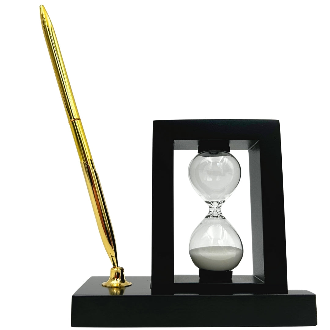 Set decorativo de escritorio con reloj de arena de 3 minutos y soporte para bolígrafo con grabado