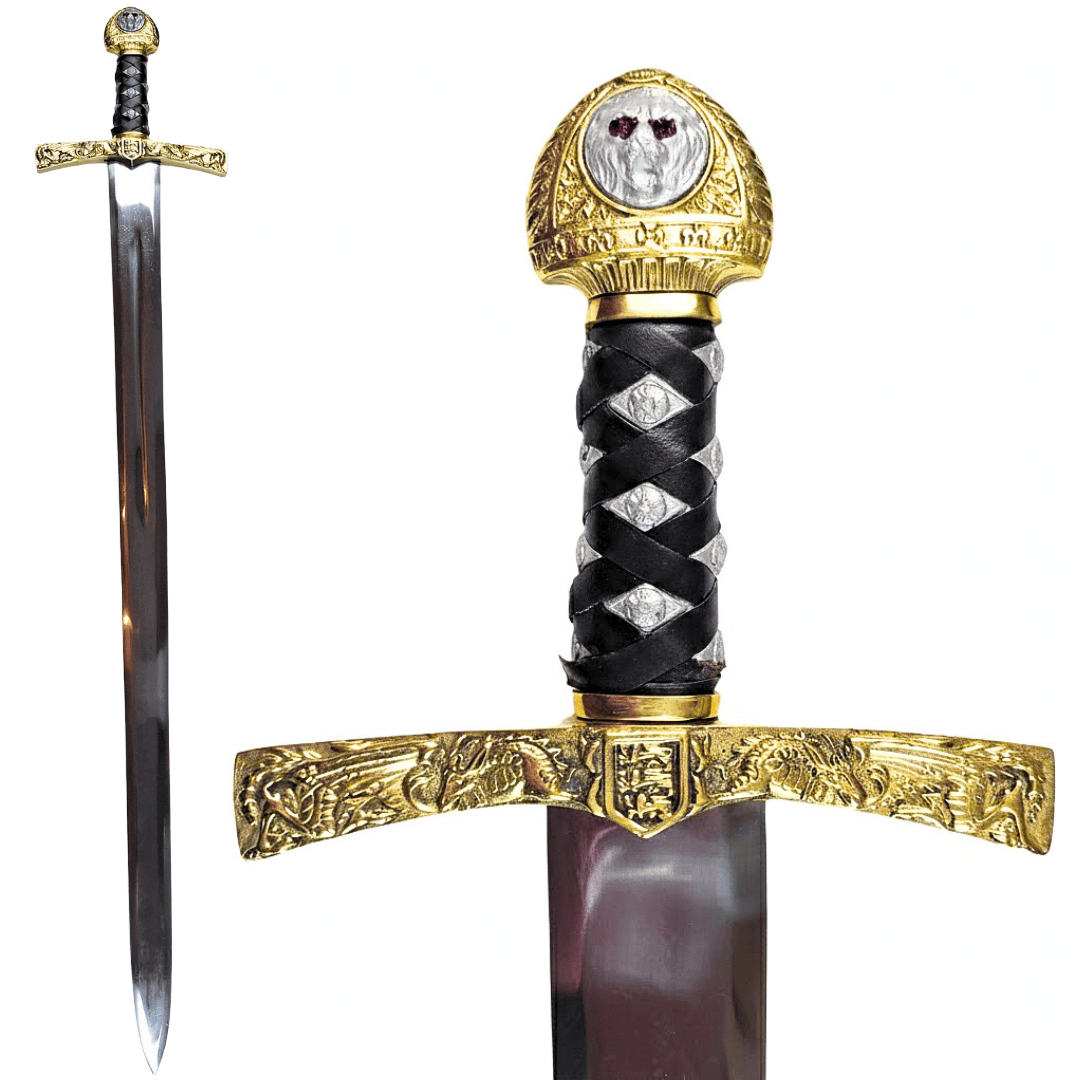 Réplica de la espada Excalibur del Rey Arturo con grabado – 98,5 cm, hoja de acero, empuñadura de latón  