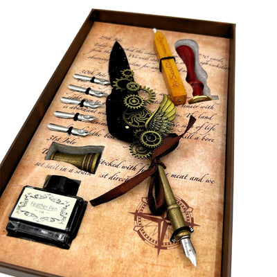Set de Caligrafía Premium con Pluma de Ganso, 6 Plumillas Intercambiables, Sello y Soporte