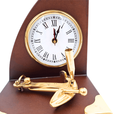 Elegante conjunto marinero de escritorio Reloj y soporte para bolígrafo de latón y madera lacada – Grabado personalizado – Regalo ideal para jefe o amante del estilo vintage – Dimensiones 16 x 12,5 x 23 cm  