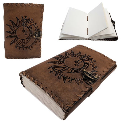Cuaderno de cuero retro Sol y Luna de 200 páginas con posibilidad de personalización con grabado, beige y marrón, ideal para regalo a artistas o amantes de la magia cotidiana