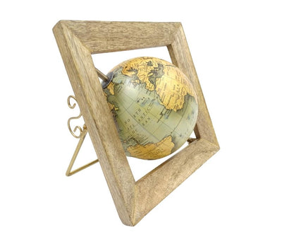 Globo Decorativo GLB-40 en Marco de Madera con Posibilidad de Personalización con Grabado, Mapa Azul y Amarillo, Diámetro 15 cm