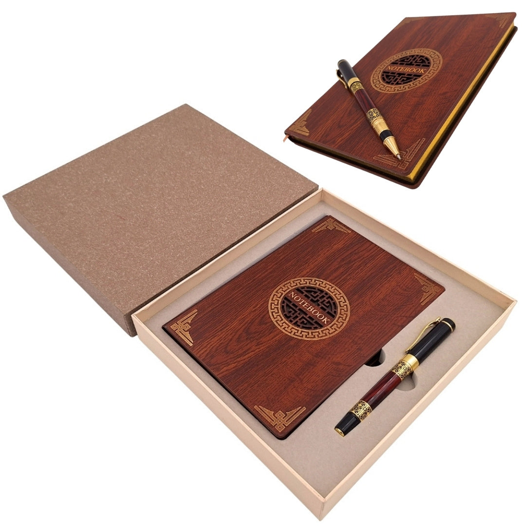 Exclusivo set de regalo premium cuaderno A5 con cubierta de madera y bolígrafo – personalización con grabado, ideal para regalo para jefe, profesor, artista – marrón oscuro con elementos dorados