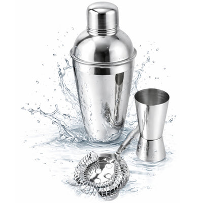 Set de Bar Steel 3 Piezas con Posibilidad de Personalización con Grabado - Coctelera 750 ml, Medidor 15/30 ml, Colador - Regalo Elegante para Amantes de los Cócteles, Acero Inoxidable, Color Plateado
