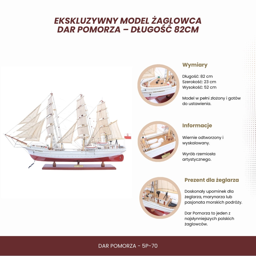 Modelo exclusivo de velero Dar Pomorza de 82 cm con posibilidad de personalización mediante grabado