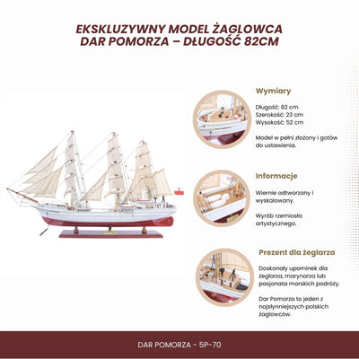 Modelo exclusivo de velero Dar Pomorza de 82 cm con posibilidad de personalización mediante grabado