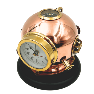 Reloj de escritorio Casco de buzo con brújula - Latón sobre base de madera con opción de grabado personalizado - Regalo ideal para amantes del mar y estilo vintage - Altura 16 cm, diámetro del reloj 8,5 cm  