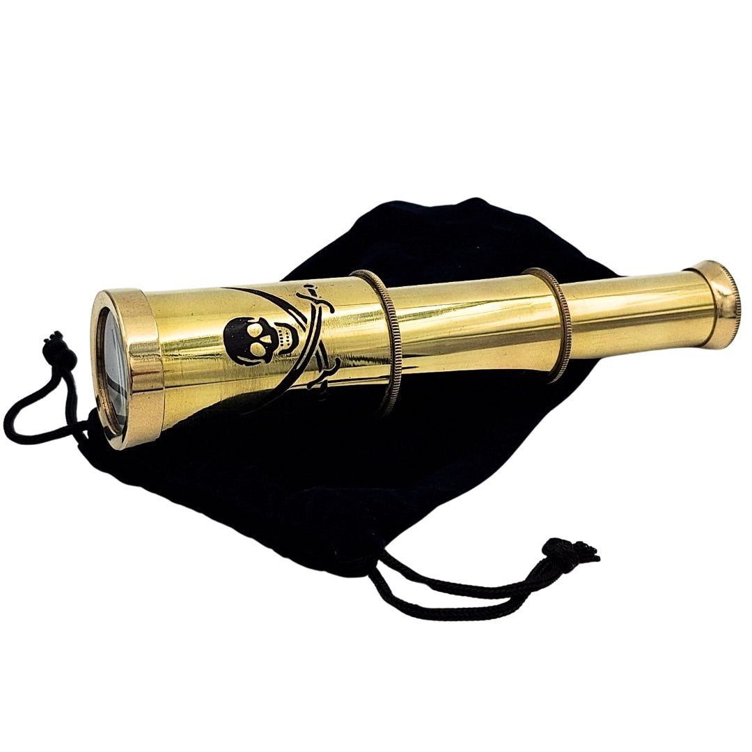 Catalejo pirata con emblema – catalejo plegable de latón con grabado – regalo ideal para jóvenes exploradores del mar – altura 15 cm, conjunto con bolsa de terciopelo