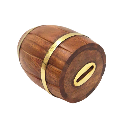 Hucha de madera barril con herrajes de latón