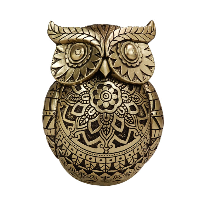 Búho de la sabiduría con posibilidad de personalización con grabado, decoración en color dorado y negro, altura 13,6 cm, regalo ideal para cualquier ocasión