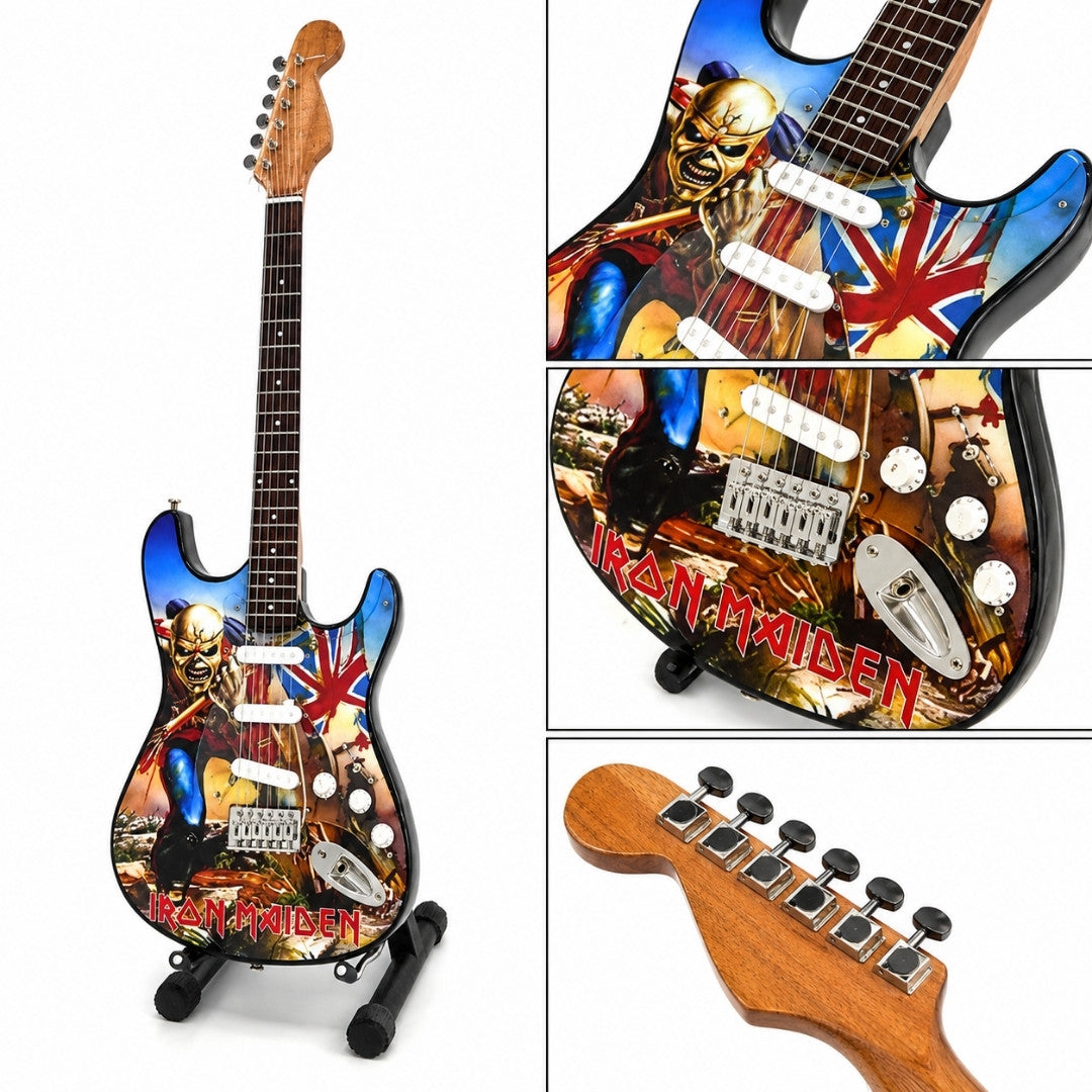 Mini guitarra decorativa Iron Maiden «The Trooper» de caoba - Adorno hecho a mano para fans de la música