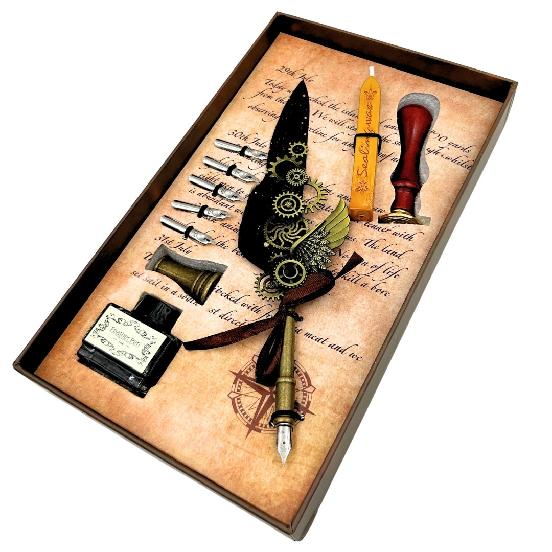 Set de Caligrafía Premium con Pluma de Ganso, 6 Plumillas Intercambiables, Sello y Soporte