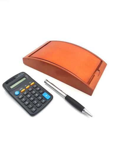 Bolígrafo y calculadora en elegante caja de madera G133H con forro crema, opción de grabado personalizado, ideal para regalo, dimensiones 210 x 120 x 40 mm