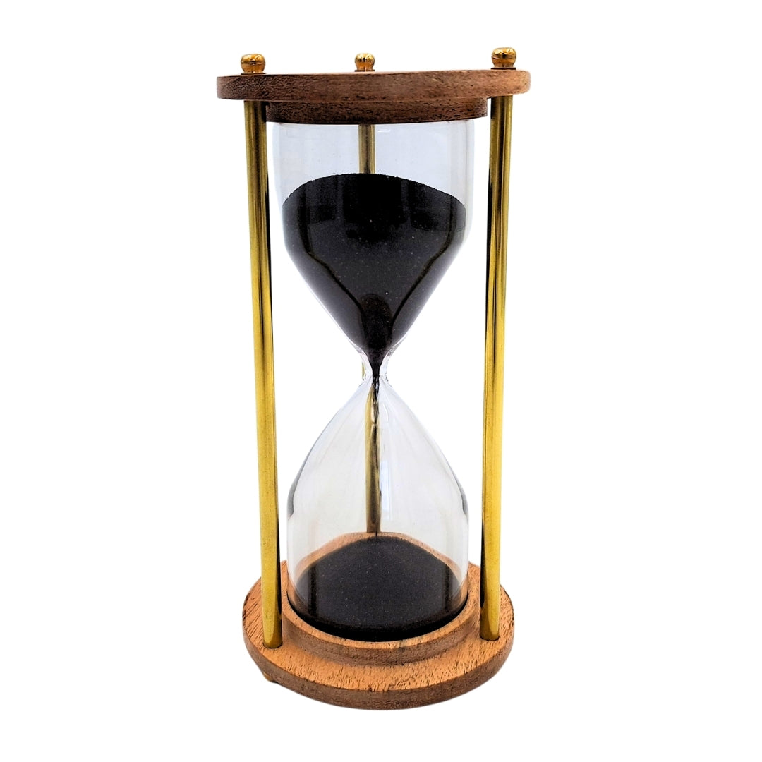 Reloj de arena de latón y madera de 5 minutos con grabado personalizado – elegante decoración retro para regalo – altura 15,5 cm, arena negra, latón y madera