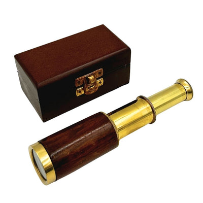 Catalejo de Latón con Grabado en Caja de Madera – Elegante Regalo Estilo Retro, Ideal para Decoración de Oficina o Despacho, Altura 15,5 cm, Material: Latón y Madera