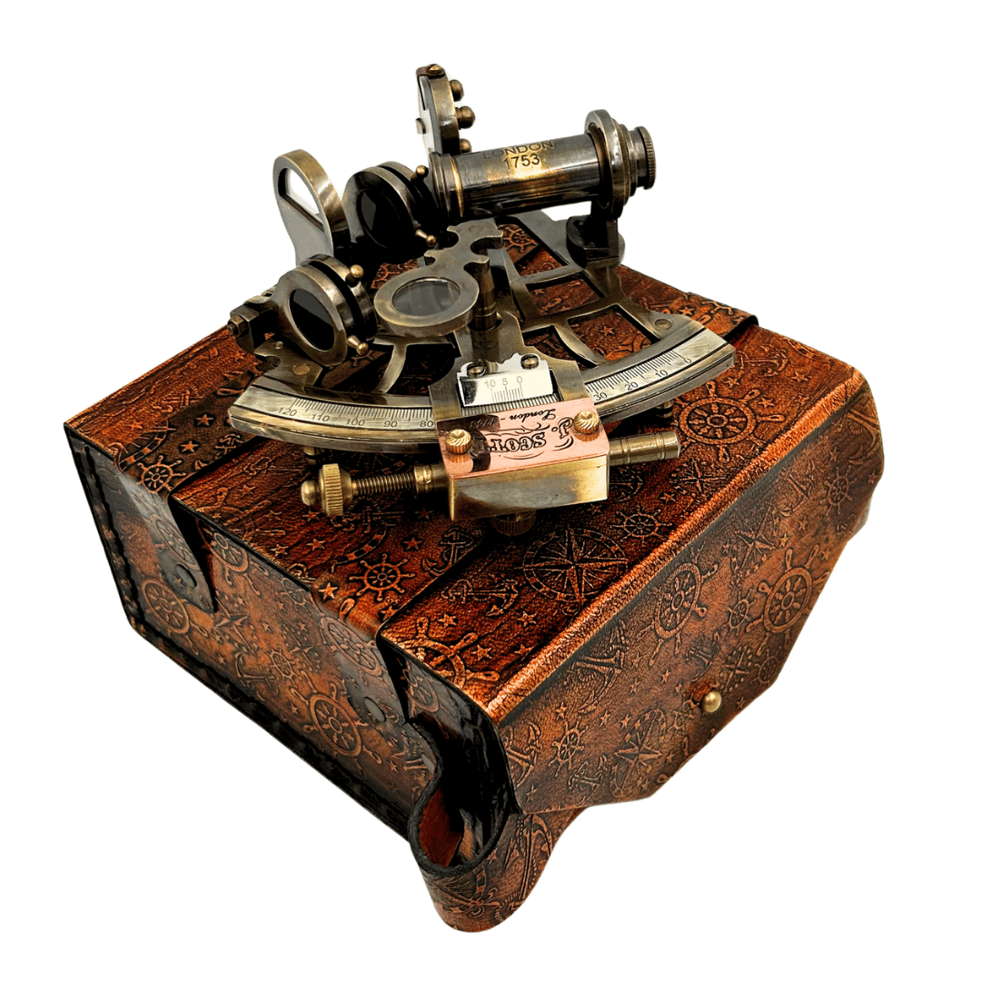Sextante retro de latón en estuche de cuero - instrumento de navegación elegante con opción de grabado - regalo ideal para amantes de la navegación e historia - dimensiones 13x12x7 cm