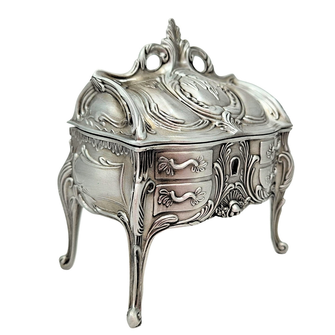 Caja de joyas metálica plateada retro 2056M con posibilidad de grabado - Regalo elegante para el Día de la Madre o cumpleaños, dimensiones 9,7 x 10 x 6,7 cm, estilo rococó con ornamentos florales