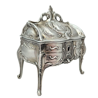 Caja de joyas metálica plateada retro 2056M con posibilidad de grabado - Regalo elegante para el Día de la Madre o cumpleaños, dimensiones 9,7 x 10 x 6,7 cm, estilo rococó con ornamentos florales