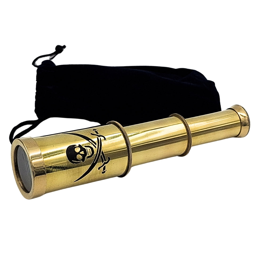 Catalejo pirata con emblema – catalejo plegable de latón con grabado – regalo ideal para jóvenes exploradores del mar – altura 15 cm, conjunto con bolsa de terciopelo