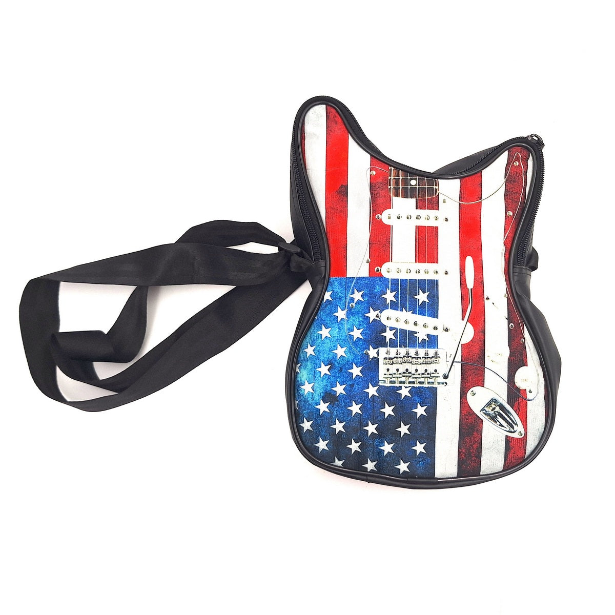 Bolso de hombro con forma de guitarra con bandera estadounidense – impermeable, con correa ajustable, posibilidad de personalización mediante grabado