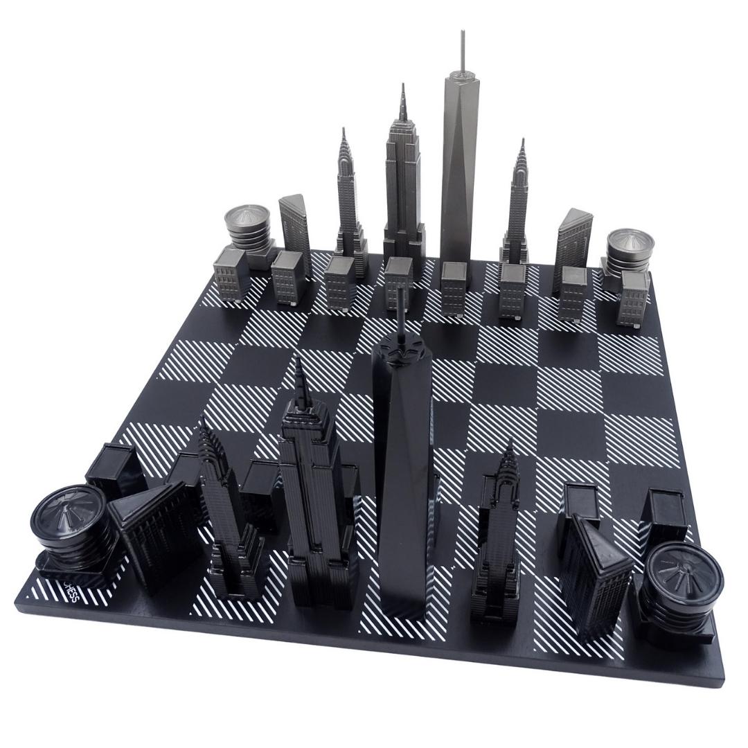 Ajedrez Skyline de Nueva York con grabado en acero inoxidable