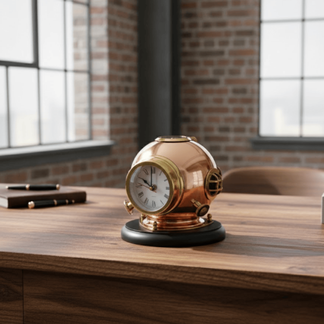 Reloj de escritorio Casco de buzo con brújula - Latón sobre base de madera con opción de grabado personalizado - Regalo ideal para amantes del mar y estilo vintage - Altura 16 cm, diámetro del reloj 8,5 cm  