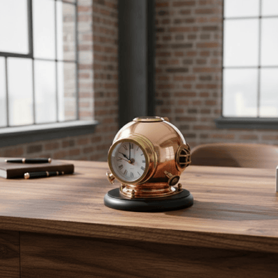 Reloj de escritorio Casco de buzo con brújula - Latón sobre base de madera con opción de grabado personalizado - Regalo ideal para amantes del mar y estilo vintage - Altura 16 cm, diámetro del reloj 8,5 cm  