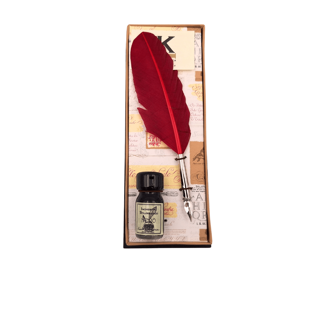 Pluma de ganso burdeos para caligrafía con tinta y opción de grabado personalizado