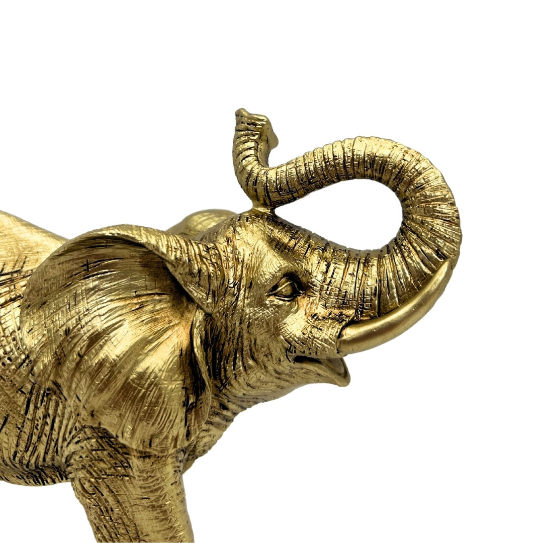 Elefante dorado con trompa levantada - elegante figura decorativa con opción de grabado personalizado, ideal para regalo - altura 20,5 cm, material polyresina