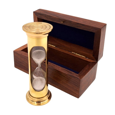 Reloj de arena redondo STP99 en caja de madera con posibilidad de personalización mediante grabado, de latón, dorado, 3 minutos, regalo ideal para amantes de los RPG y récords Guinness