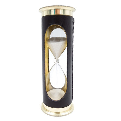 Reloj de arena de 5 minutos con reloj mundial y calendario perpetuo en estuche de cuero