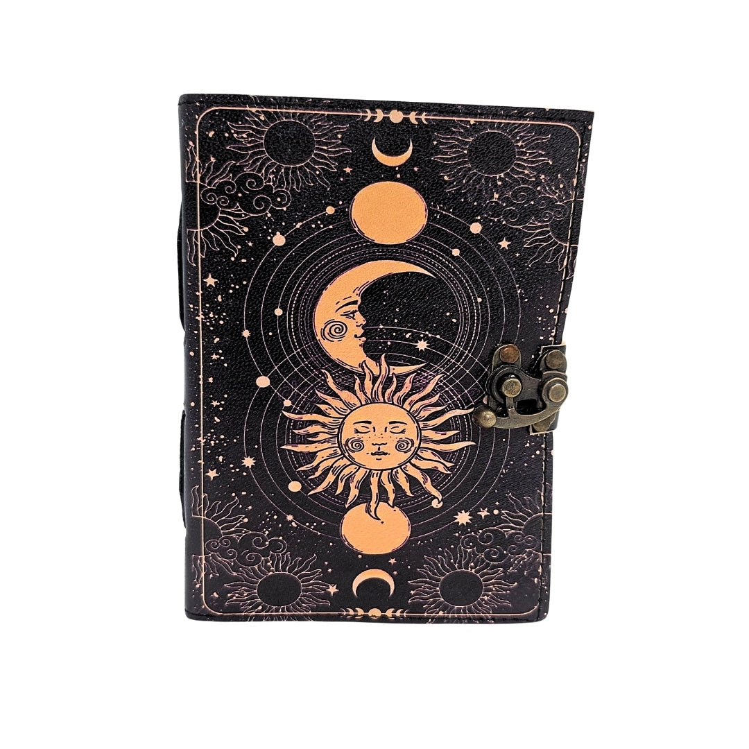 Cuaderno de cuero Sol y Luna decorativo de 200 páginas con posibilidad de personalización con grabado, azul marino, hecho de piel de cabra, ideal para regalo