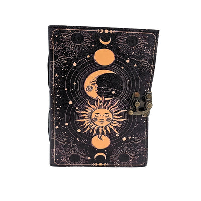 Cuaderno de cuero Sol y Luna decorativo de 200 páginas con posibilidad de personalización con grabado, azul marino, hecho de piel de cabra, ideal para regalo