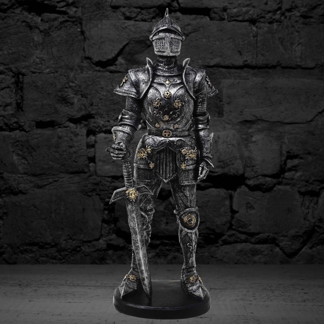 Figura decorativa Caballero en armadura plateada 39 cm con opción de grabado personalizado  