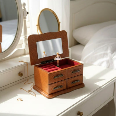 Caja de música de madera tipo joyero con espejo y grabado: un elegante regalo para joyas con dos cajones, 10cm de alto, melodía «The Entertainer»