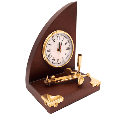 Elegante conjunto marinero de escritorio Reloj y soporte para bolígrafo de latón y madera lacada – Grabado personalizado – Regalo ideal para jefe o amante del estilo vintage – Dimensiones 16 x 12,5 x 23 cm  