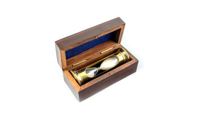 Reloj de arena redondo STP99 en caja de madera con posibilidad de personalización mediante grabado, de latón, dorado, 3 minutos, regalo ideal para amantes de los RPG y récords Guinness
