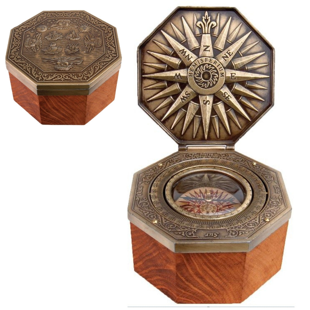 Brújula magnética cardán exclusiva H43 de latón y madera con grabado personalizado