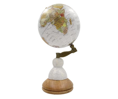 Globo Decorativo Voyager sobre Base de Mármol y Madera con Opción de Personalización con Grabado – Regalo Elegante para Amantes de los Viajes, Altura 32 cm, Diámetro 15,5 cm, Mapa Blanco con Continentes de Colores