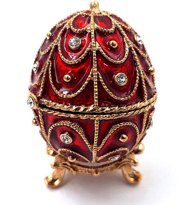 Exclusiva caja metálica Fabergé con cristales en color rojo y dorado, posibilidad de personalización con grabado, ideal para regalo, dimensiones 5,5x6,5 cm