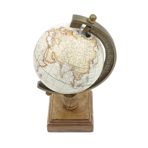 Globo decorativo estiloso Amundsen sobre base de madera con grabado - Adorno elegante para interiores clásicos, loft y coloniales, ideal para regalo - Altura 26,5 cm, color blanco y marrón, toque educativo en inglés