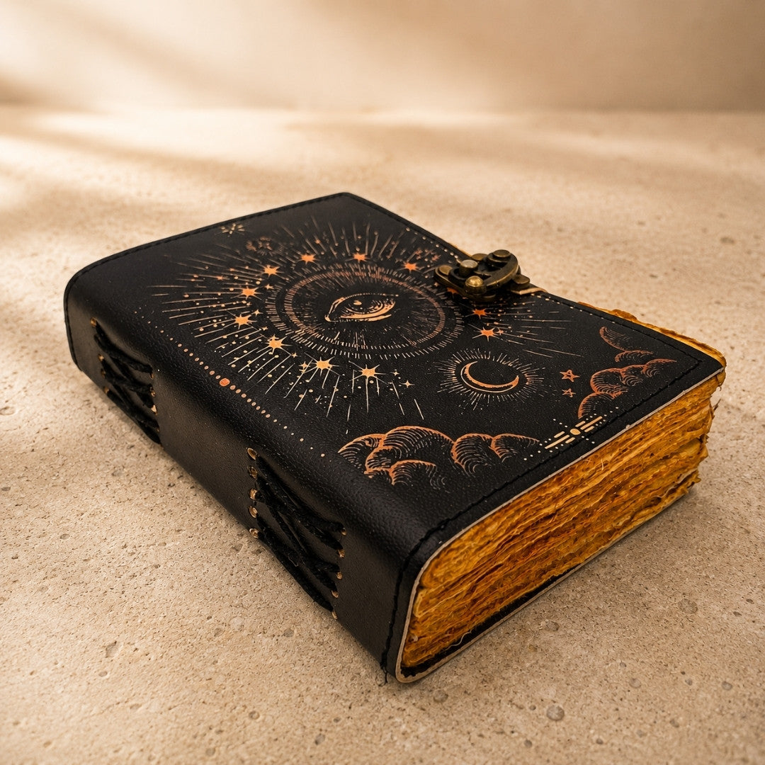 Cuaderno Ojo Cósmico con Grabado - Cuaderno de Piel Retro con 200 Páginas de Papel Amarillo de Piel de Cabra