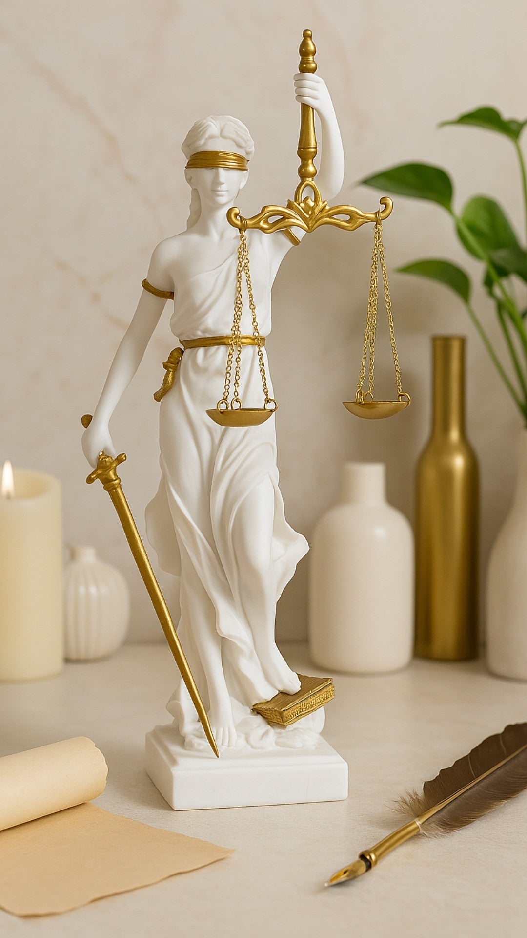 Figura de Temis con posibilidad de personalización con grabado - regalo elegante para abogado, juez o estudiante de derecho, blanca con acentos dorados, altura 35 cm, pintada a mano en polyresina