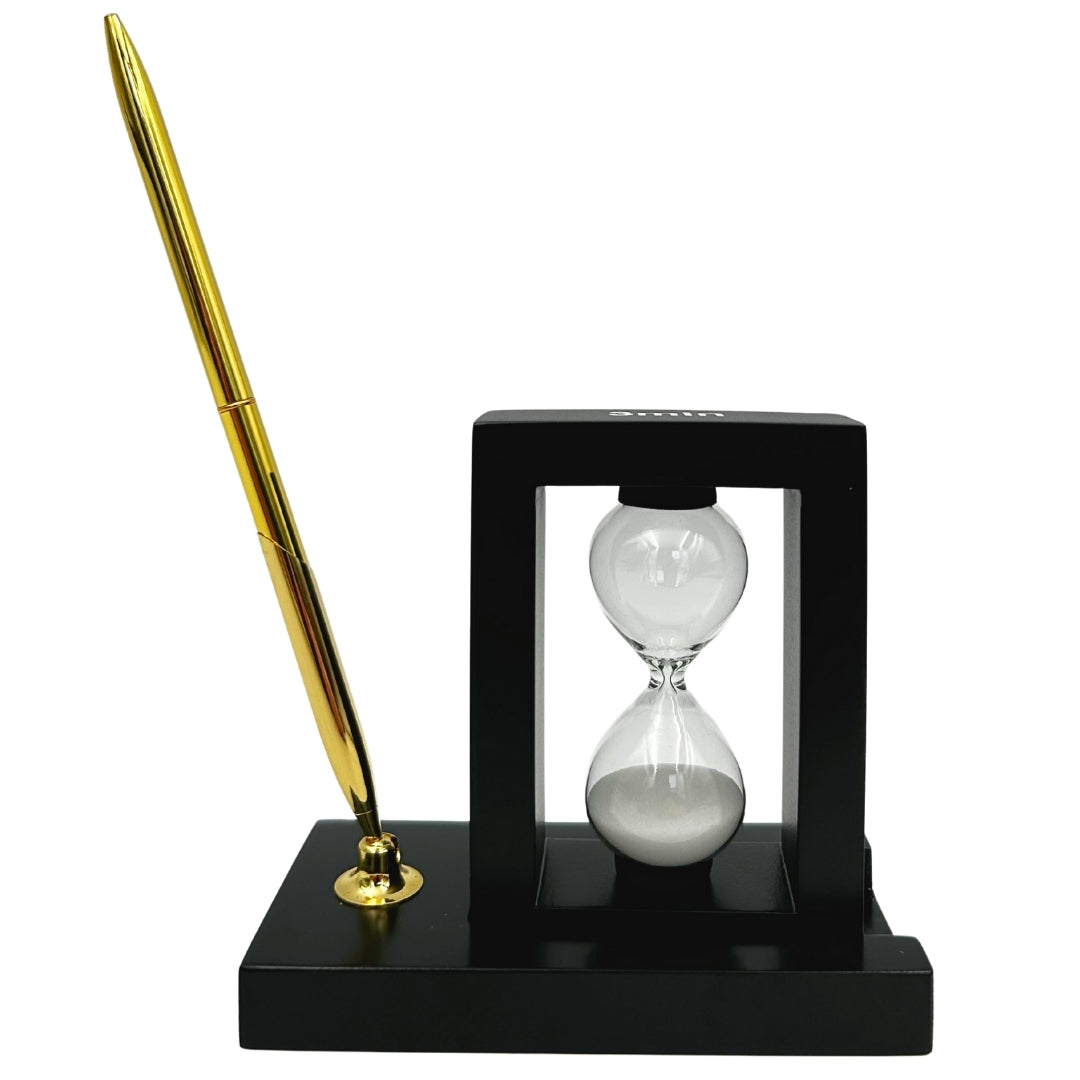 Set decorativo de escritorio con reloj de arena de 3 minutos y soporte para bolígrafo con grabado