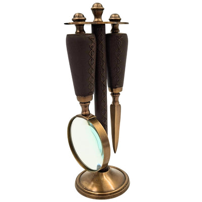 Set de oficina elegante de latón y cuero