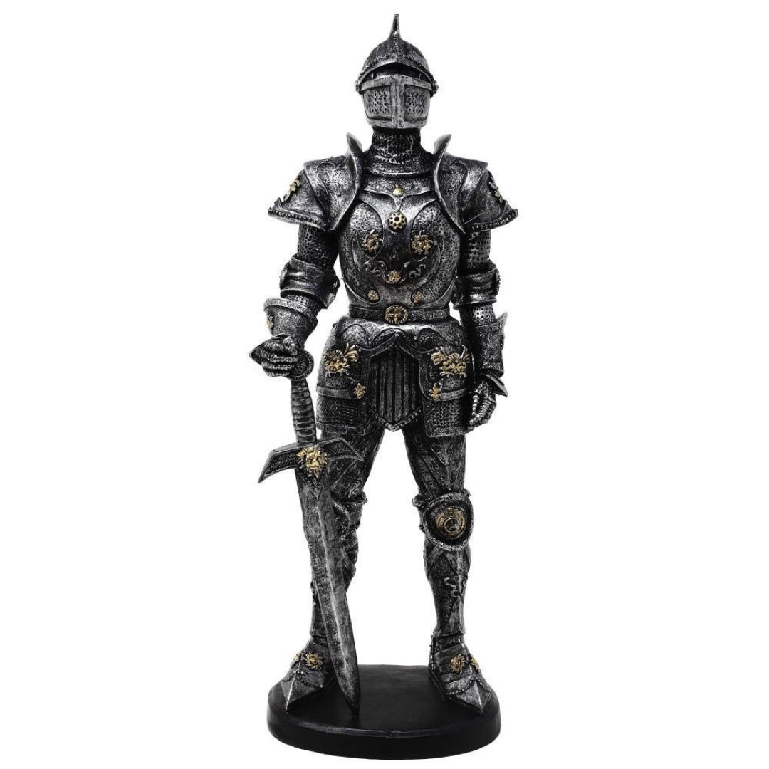 Figura decorativa Caballero en armadura plateada 39 cm con opción de grabado personalizado  