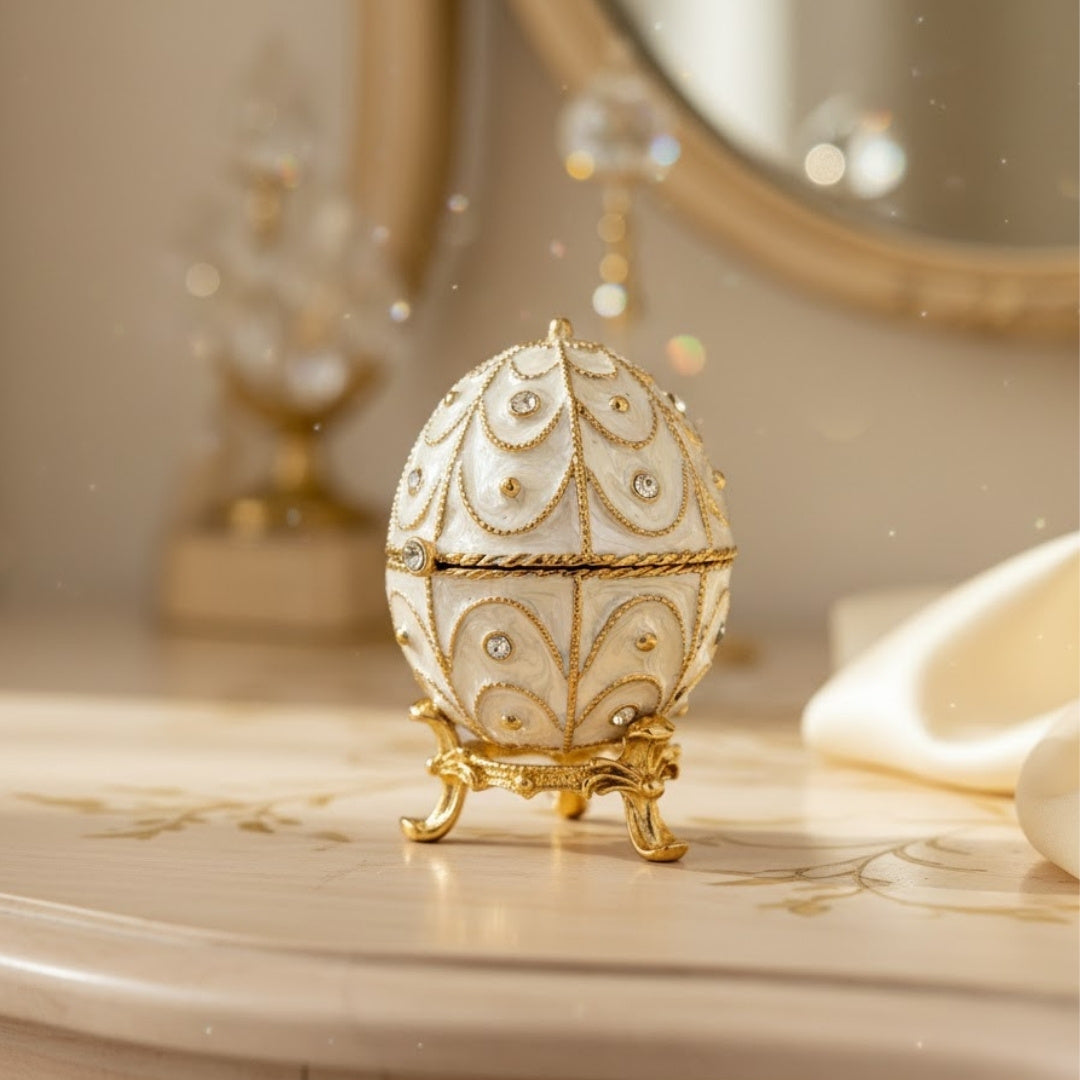 Exclusiva caja joyero huevo Fabergé metálico con cristales en color blanco y dorado con posibilidad de personalización con grabado