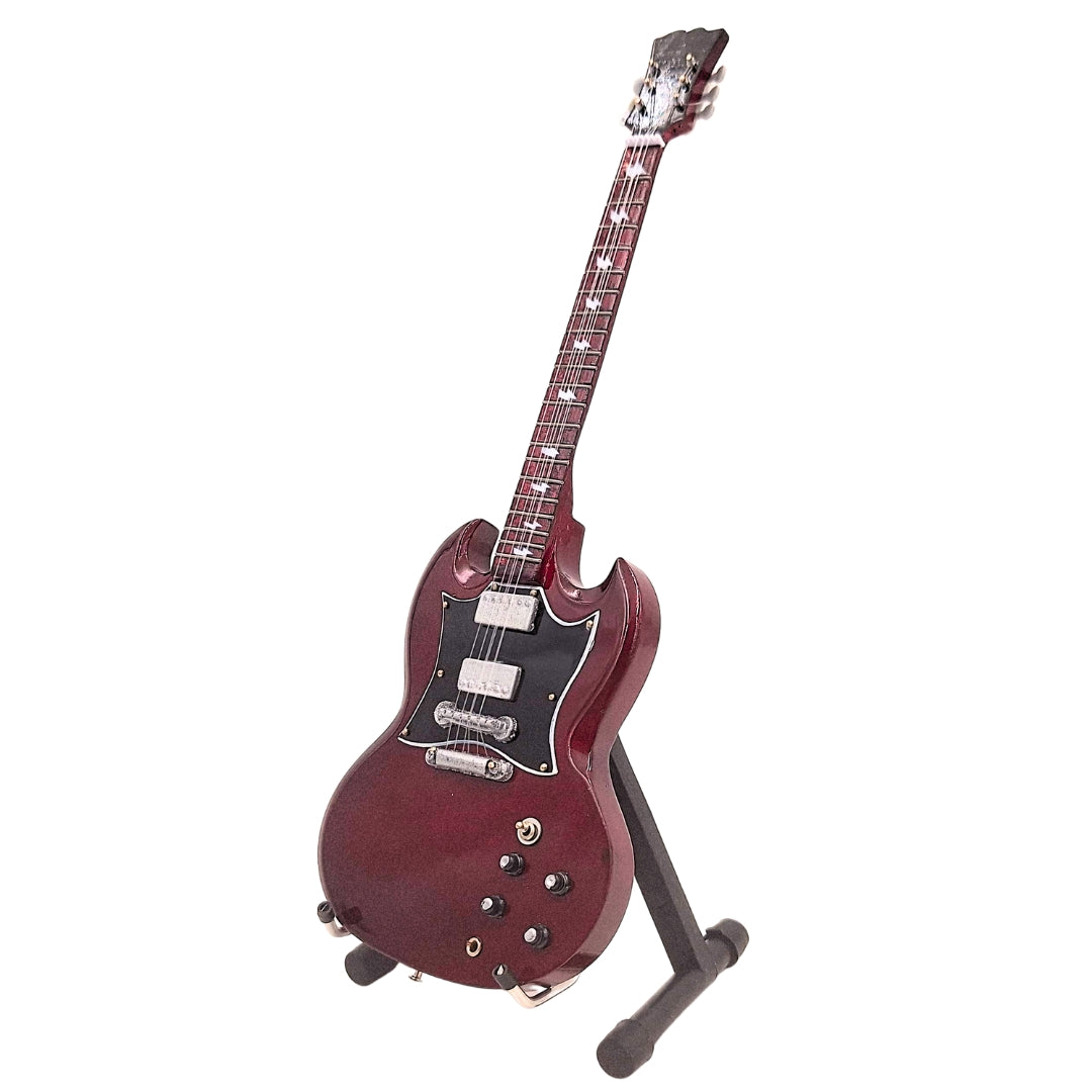 Mini guitarra AC/DC Angus Young MGT-0567 con posibilidad de grabado personalizado, ideal para regalo, hecha a mano en madera de caoba, color marrón, altura 27,5 cm  