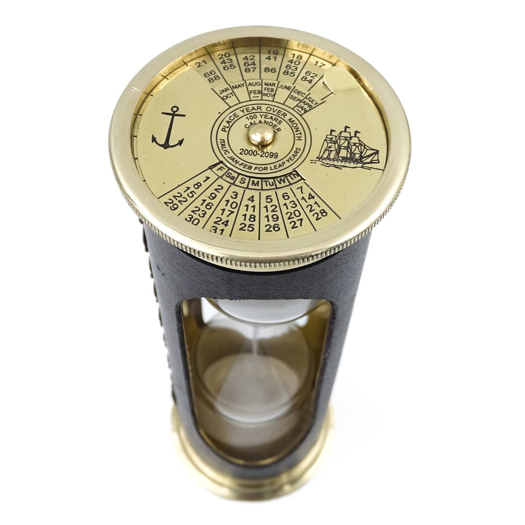 Reloj de arena de 5 minutos con reloj mundial y calendario perpetuo en estuche de cuero
